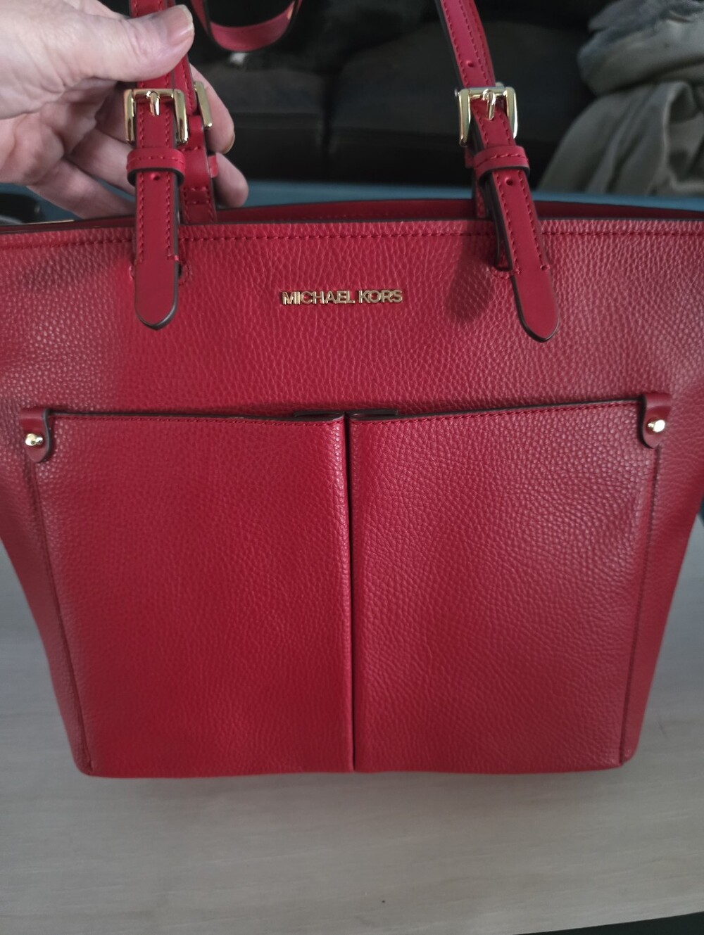 New Michael Kors  Red Pebbled Leather Tote with Front Pockets